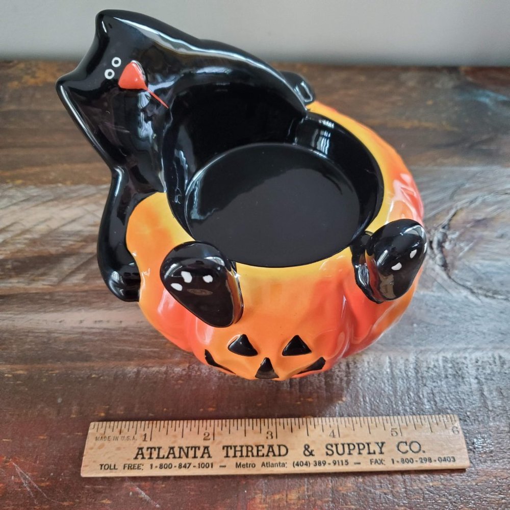Halloween Black Cat Pumpkin Ceramic Candle Holder - Picture 8 of 8